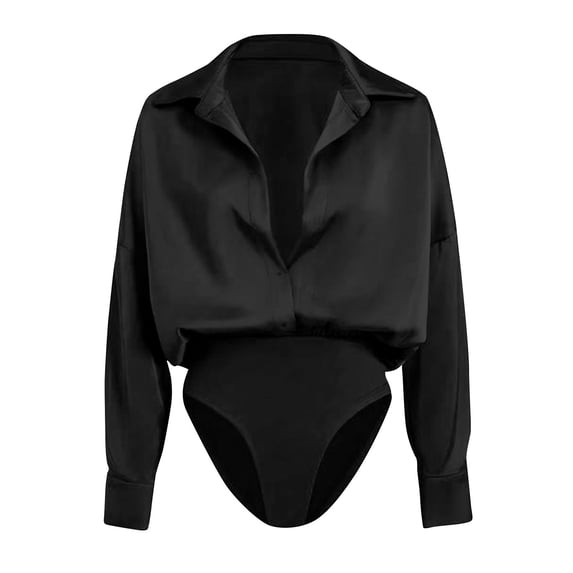 Quixlent Women's Office Blouse Bodysuit Top Button Down Lapel Long Sleeve One Piece Work Shirt Casual Loose Fit Business Tops
