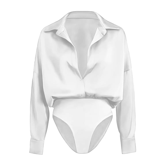 Quixlent Women's Office Blouse Bodysuit Top Button Down Lapel Long Sleeve One Piece Work Shirt Casual Loose Fit Business Tops