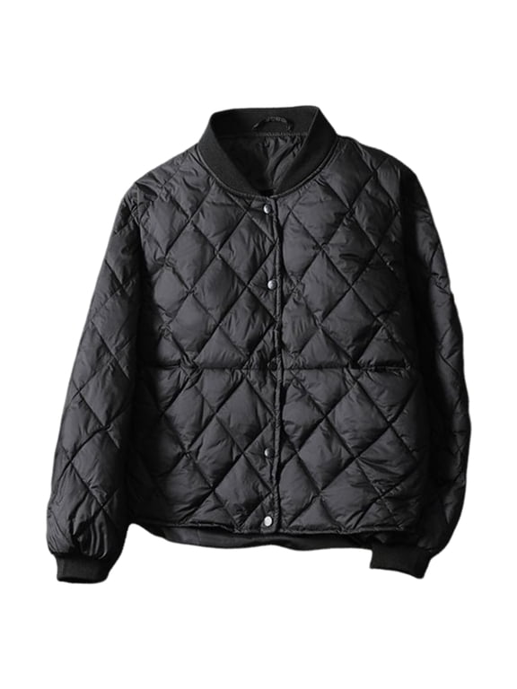 Women Winter Baseball Coat Stand Collar Windproof Thin Padded Solid Color Cardigan Long Sleeves Warm Daily Wear Outdoor Jacket