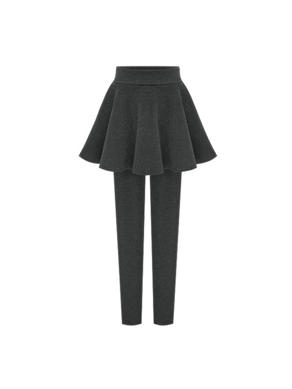 Women Winter Culottes Pants Solid Color High Waist Pleated Skirt Pants Fake Two Piece Leggings-Skirt Combo
