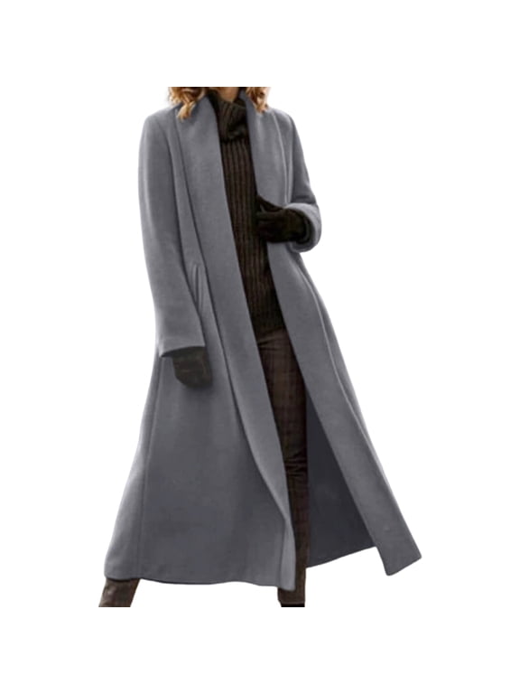 Women Winter Overcoat Open Stitch Turn-down Collar Long Sleeves Windbreaker Loose Cardigan Calf Length Outdoor Woolen Coat