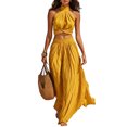 thumbnail image 1 of Quixlent Women's 2 Piece Outfits, High Neck Halter Sleeveless Top And Wide Leg Pants Matching Set, Summer Beach Vacation Outfits, 1 of 8