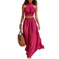 thumbnail image 1 of Quixlent Women's 2 Piece Outfits, High Neck Halter Sleeveless Top And Wide Leg Pants Matching Set, Summer Beach Vacation Outfits, 1 of 8