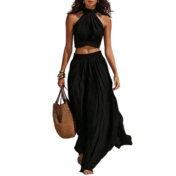 Quixlent Women's 2 Piece Outfits, High Neck Halter Sleeveless Top And Wide Leg Pants Matching Set, Summer Beach Vacation Outfits