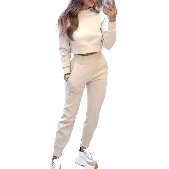Quixlent Women's 2 Piece Outfits Long Sleeve Pullover Crop Top And Drawstring Sweatpants Set Fall Lounge Sweatsuit Set