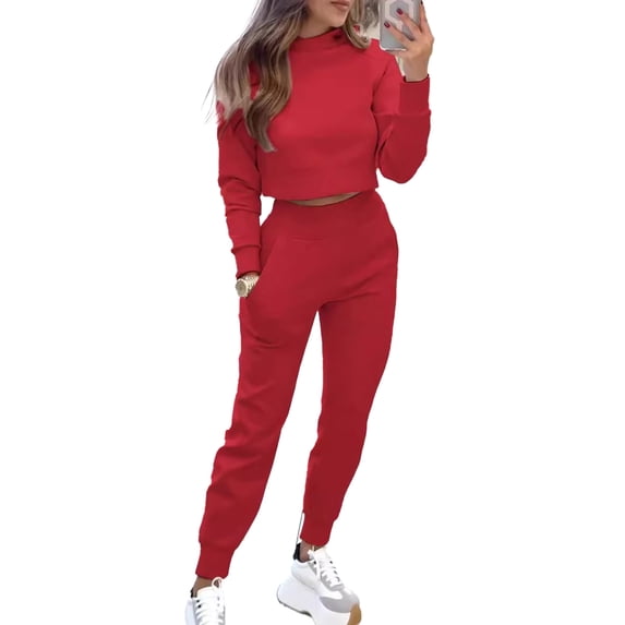 Quixlent Women's 2 Piece Outfits Long Sleeve Pullover Crop Top And Drawstring Sweatpants Set Fall Lounge Sweatsuit Set