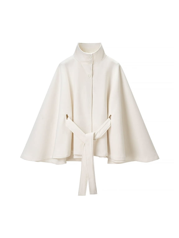 Women's Batwing Sleeve Wool Poncho Coat Stand Collar Cropped Cape Jacket with Belt Fall Winter Short Trench Pea Coat