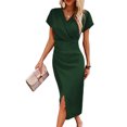 thumbnail image 1 of Quixlent Women's Bodycon Midi Dress Short Sleeve V Neck Ruched Cocktail Party Dress Formal Slit Office Work Business Outfit, 1 of 8