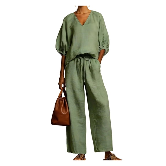 Quixlent Women's Casual 2 Piece Lounge Sets Puff Half Sleeve V Neck Top And Wide Leg Pants Travel Vacation Outfits with Pockets