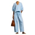 thumbnail image 1 of Quixlent Women's Casual 2 Piece Lounge Sets Puff Half Sleeve V Neck Top And Wide Leg Pants Travel Vacation Outfits with Pockets, 1 of 8