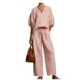 thumbnail image 1 of Quixlent Women's Casual 2 Piece Lounge Sets Puff Half Sleeve V Neck Top And Wide Leg Pants Travel Vacation Outfits with Pockets, 1 of 8