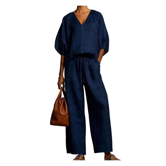 Quixlent Women's Casual 2 Piece Lounge Sets Puff Half Sleeve V Neck Top And Wide Leg Pants Travel Vacation Outfits with Pockets
