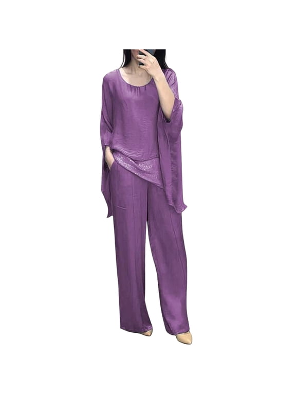 Women's Casual Suit Splicing Top Wide Leg Pants Loose Outfit for Home Party Office Round Neck Batwing Sleeve Commuting Suit