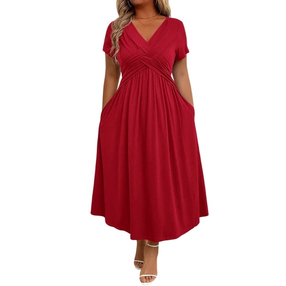 Quixlent Women's Casual Summer Midi Dress Twist Front Short Sleeve V Neck Swing Dress Beach Vacation A Line Flowy Long Dress