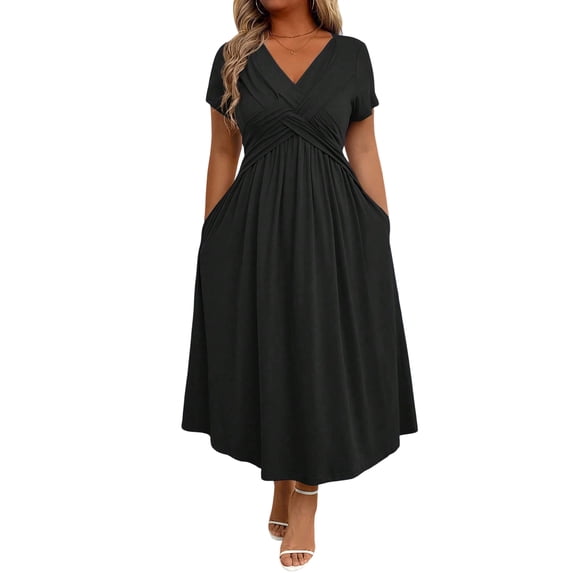 Quixlent Women's Casual Summer Midi Dress Twist Front Short Sleeve V Neck Swing Dress Beach Vacation A Line Flowy Long Dress