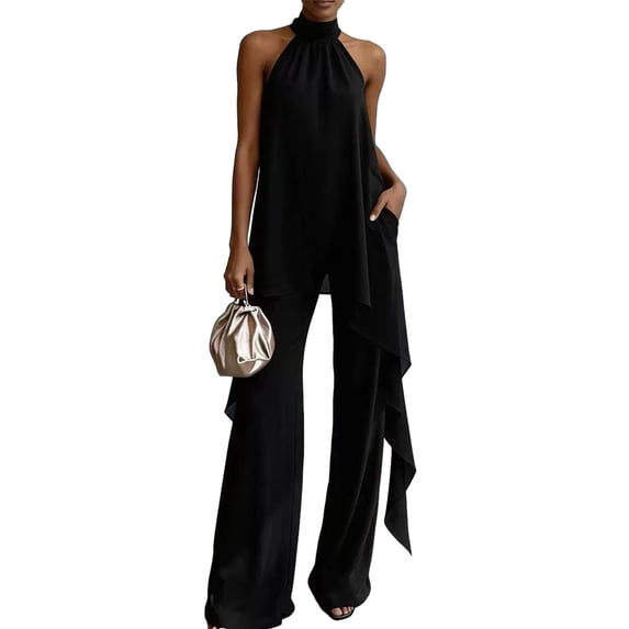 Quixlent Women's Chiffon 2 Piece Sets, Asymmetrical Halter Sleeveless Tops with Wide Leg Pants Summer Outfits, Casual Vacation Lounge Matching Set