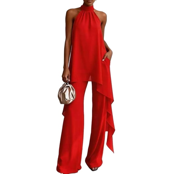 Quixlent Women's Chiffon 2 Piece Sets, Asymmetrical Halter Sleeveless Tops with Wide Leg Pants Summer Outfits, Casual Vacation Lounge Matching Set