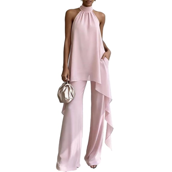 Quixlent Women's Chiffon 2 Piece Sets, Asymmetrical Halter Sleeveless Tops with Wide Leg Pants Summer Outfits, Casual Vacation Lounge Matching Set