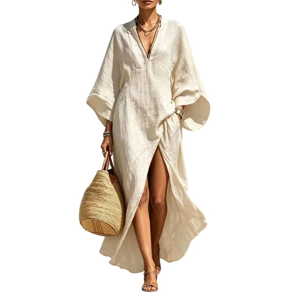 Quixlent Women's Cotton Linen Maxi Dress, V Neck Batwing Sleeve High Split Loose Dress, Casual Beach Sundress with Pockets