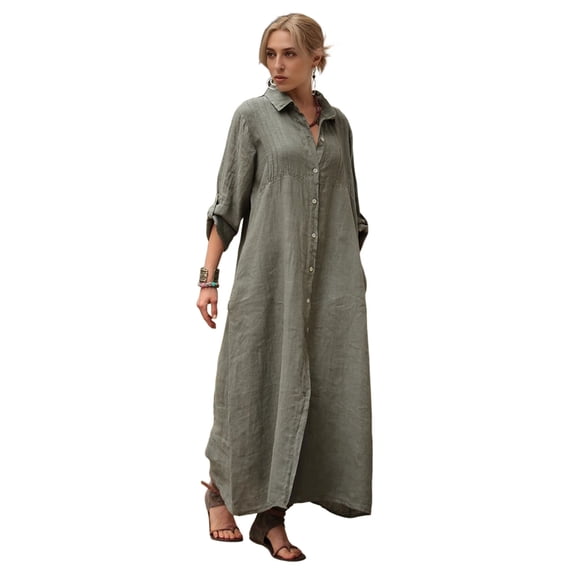 Quixlent Women's Cotton Linen Shirt Dress Casual Rolled-Up Sleeve Button Dowm Maxi Dress Summer Loose Tunic Shift Dress