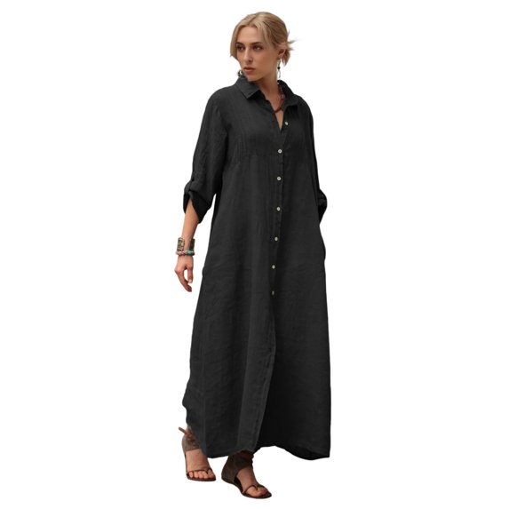 Quixlent Women's Cotton Linen Shirt Dress Casual Rolled-Up Sleeve Button Dowm Maxi Dress Summer Loose Tunic Shift Dress