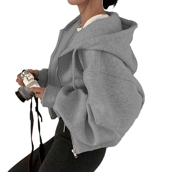 Quixlent Women's Cropped Zip Up Hoodie Drawstring Long Sleeve Crop Sweatshirt Fall Casual Hooded Jacket with Pockets