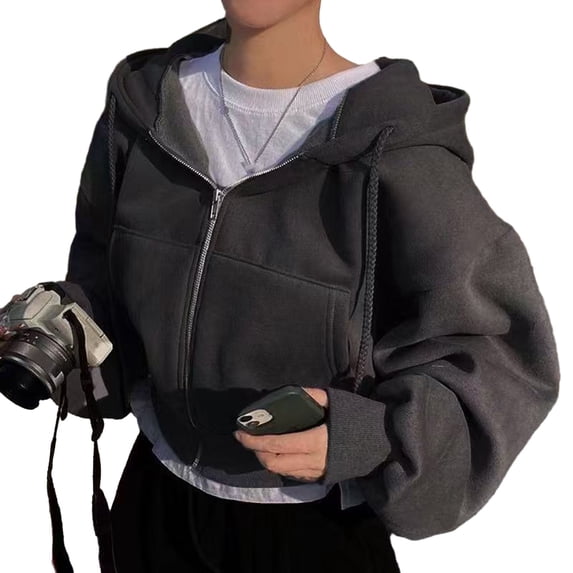 Quixlent Women's Cropped Zip Up Hoodie Drawstring Long Sleeve Crop Sweatshirt Fall Casual Hooded Jacket with Pockets