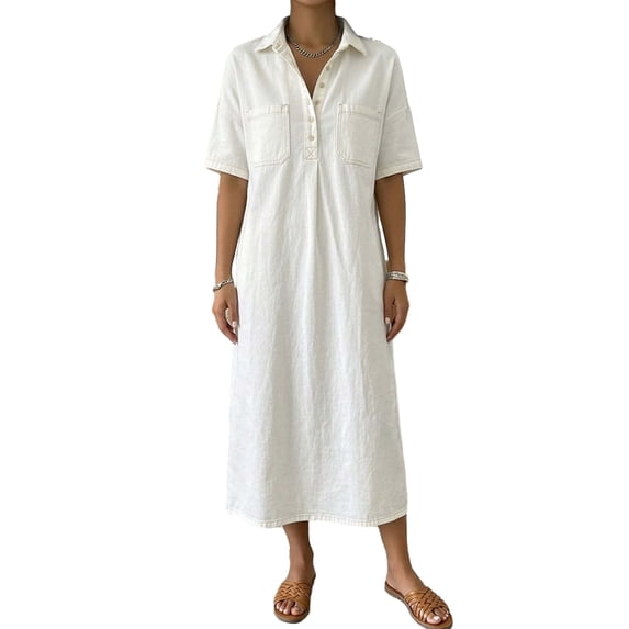 Quixlent Women's Denim Shirt Dress Casual Short Sleeve Button Up Jean Midi Dress Vintage A-Line Long Dress with Pockets