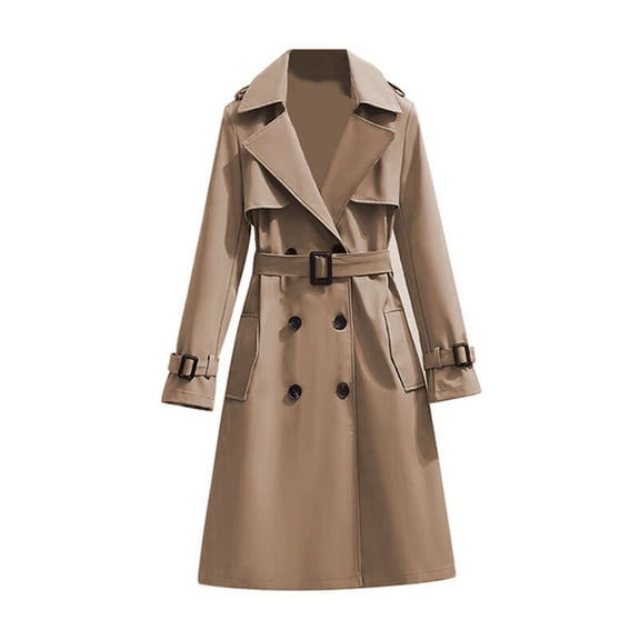 Quixlent Women's Double Breasted Long Trench Coat Belted Notch Lapel Overcoat Fall Winter Windproof Classic Outerwear