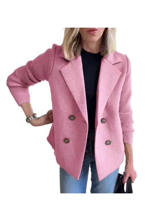 Women's Double Breasted Wool Pea Coat Notched Lapel Ribbed Knit Long Sleeve Short Blazer Jacket Fall Outerwear Coat