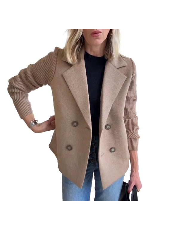 Women's Double Breasted Wool Pea Coat Notched Lapel Ribbed Knit Long Sleeve Short Blazer Jacket Fall Outerwear Coat