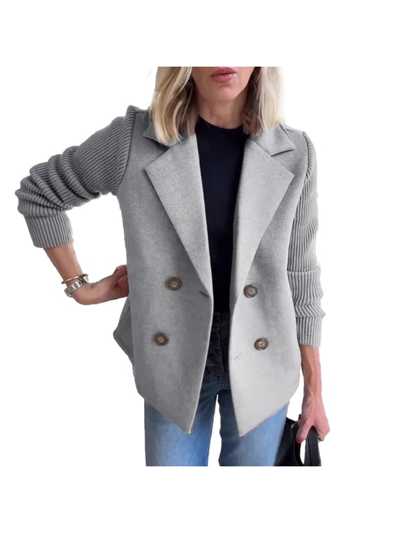Women's Double Breasted Wool Pea Coat Notched Lapel Ribbed Knit Long Sleeve Short Blazer Jacket Fall Outerwear Coat