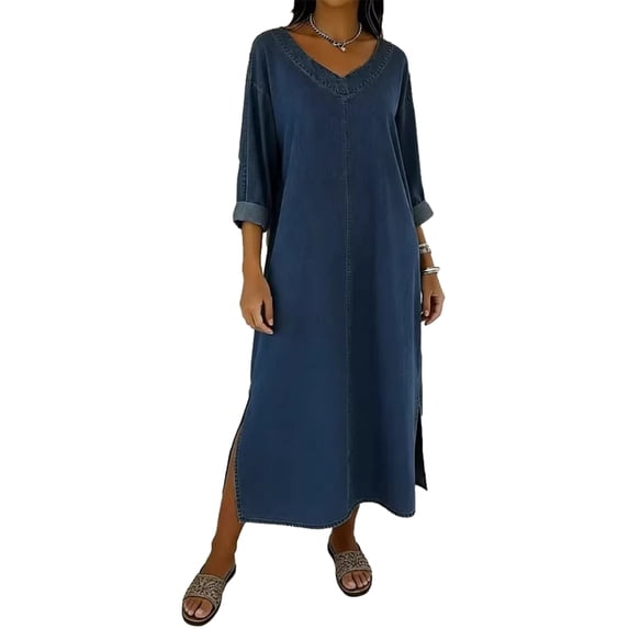 Quixlent Women's Faux Denim Maxi Dress V Neck 3/4 Sleeve Loose Long Dress Casual Summer Beach Vacation Sundress