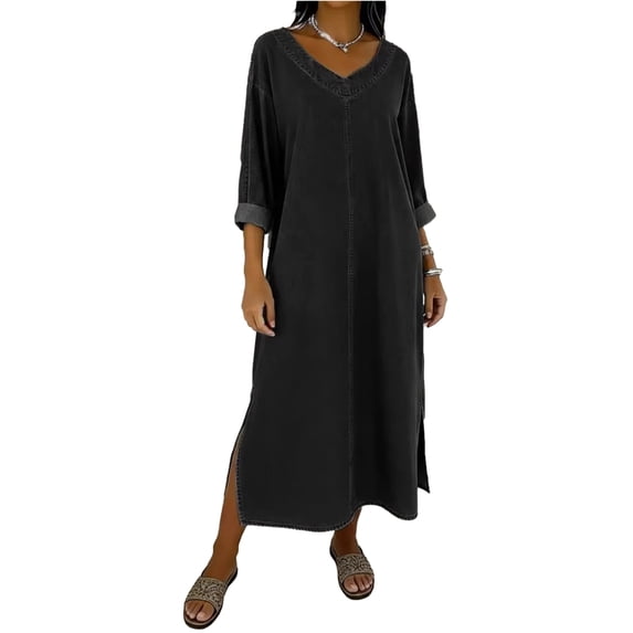 Quixlent Women's Faux Denim Maxi Dress V Neck 3/4 Sleeve Loose Long Dress Casual Summer Beach Vacation Sundress