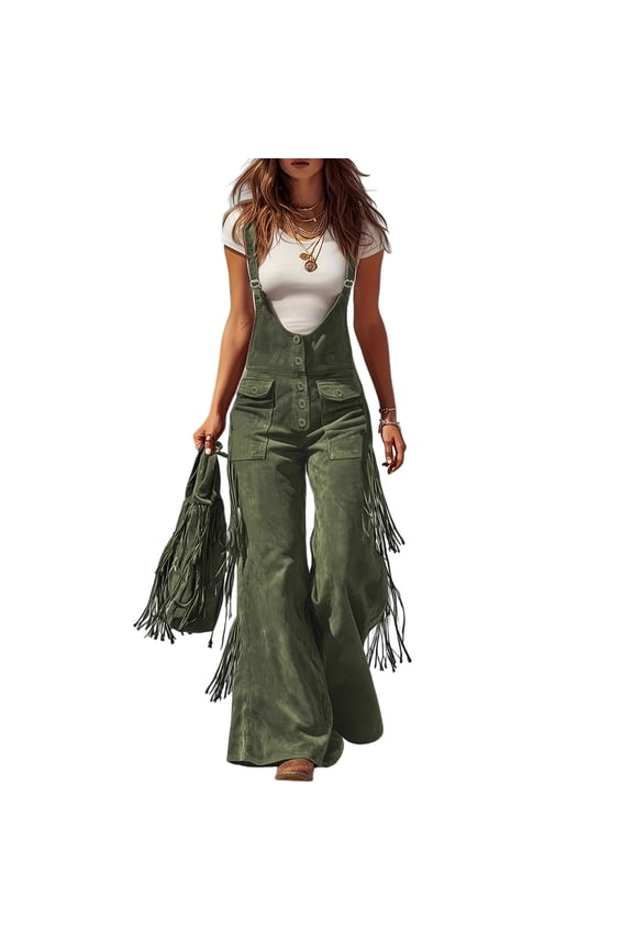 Cargo Jumpsuit Sleeveless Wide Leg Cargo Jumpsuit Adjustable Straps Front Button Closure Edge Details Multiple Pockets Suede One-Piece Jumpsuit