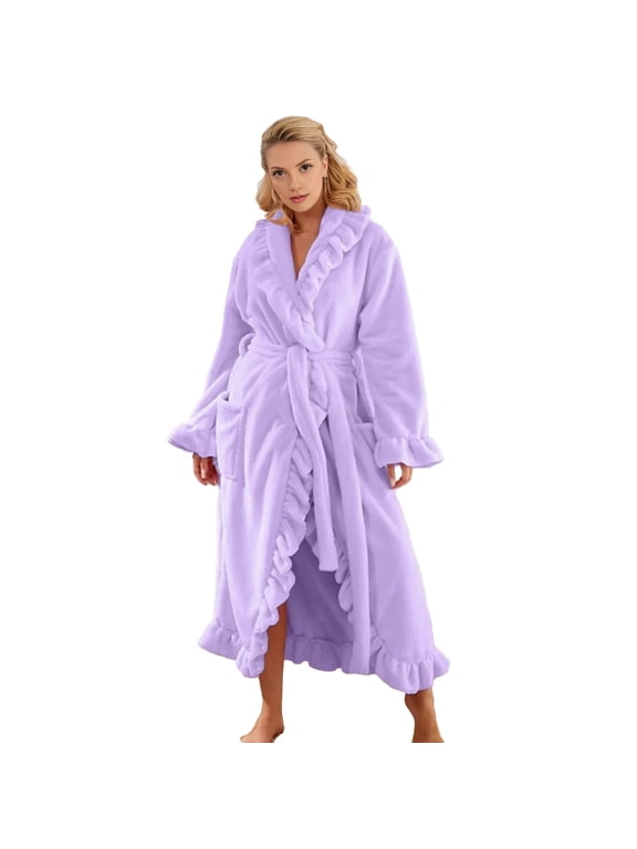 Women's Fuzzy Ruffle Robe Soft Fleece Shawl Collar Kimono Bath Robe Winter Plush Warm Lounge Housecoat with Pockets