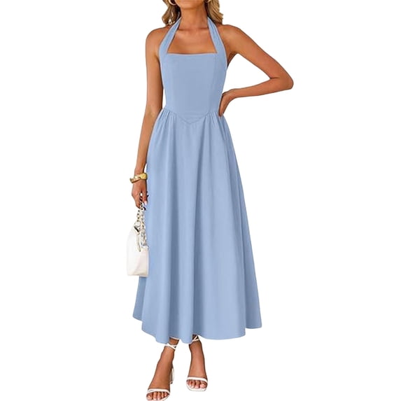 Quixlent Women's Halter Midi Dress, Summer Sleeveless Backless A-Line Long Dress, Square Neck Vacation Beach Sundress