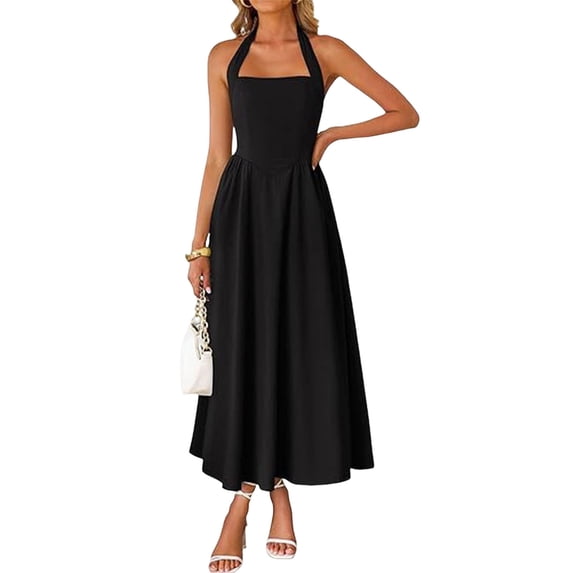 Quixlent Women's Halter Midi Dress, Summer Sleeveless Backless A-Line Long Dress, Square Neck Vacation Beach Sundress