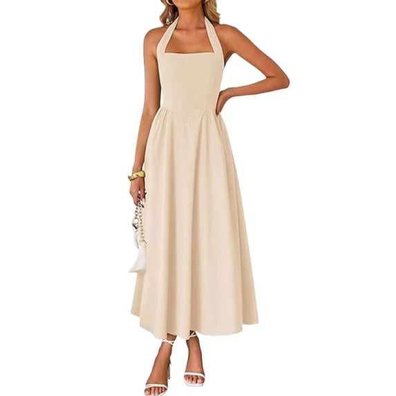 Quixlent Women's Halter Midi Dress, Summer Sleeveless Backless A-Line Long Dress, Square Neck Vacation Beach Sundress