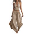thumbnail image 1 of Quixlent Women's Halter Sleeveless Summer 2 Piece Sets, Pleated Ruffle Backless V Neck Top And Wide Leg Pants Matching Outfits, 1 of 8