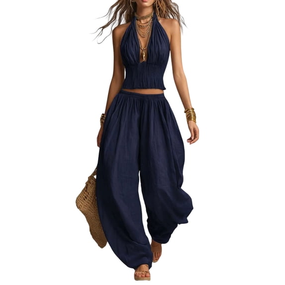 Quixlent Women's Halter Sleeveless Summer 2 Piece Sets, Pleated Ruffle Backless V Neck Top And Wide Leg Pants Matching Outfits