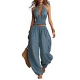 thumbnail image 1 of Quixlent Women's Halter Sleeveless Summer 2 Piece Sets, Pleated Ruffle Backless V Neck Top And Wide Leg Pants Matching Outfits, 1 of 8