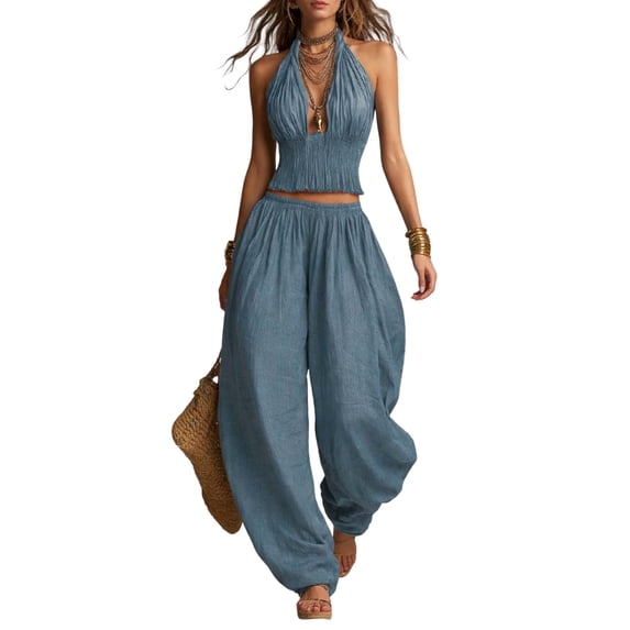 Quixlent Women's Halter Sleeveless Summer 2 Piece Sets, Pleated Ruffle Backless V Neck Top And Wide Leg Pants Matching Outfits