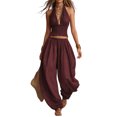 thumbnail image 1 of Quixlent Women's Halter Sleeveless Summer 2 Piece Sets, Pleated Ruffle Backless V Neck Top And Wide Leg Pants Matching Outfits, 1 of 8