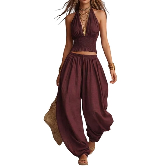 Quixlent Women's Halter Sleeveless Summer 2 Piece Sets, Pleated Ruffle Backless V Neck Top And Wide Leg Pants Matching Outfits