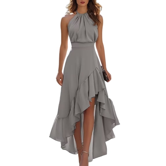 Quixlent Women's Layered Ruffle Hem Dress, Halter Sleeveless Party Cocktail Dress, Asymmetrical High Low Flowy Evening Dress