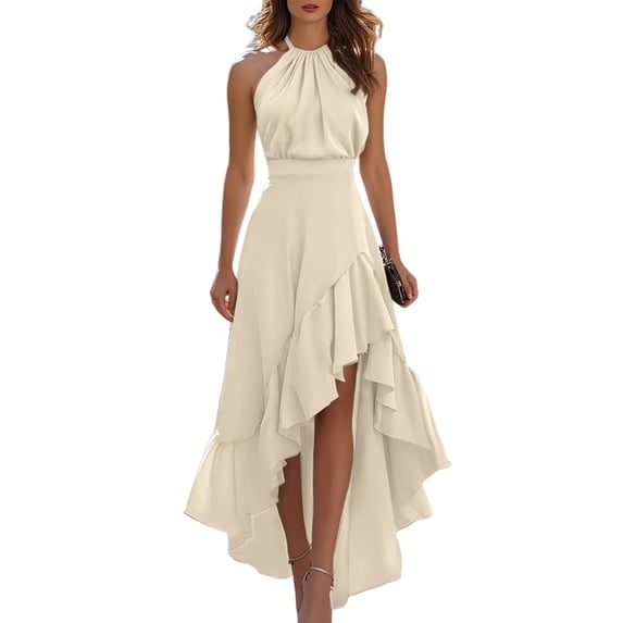 Quixlent Women's Layered Ruffle Hem Dress, Halter Sleeveless Party Cocktail Dress, Asymmetrical High Low Flowy Evening Dress