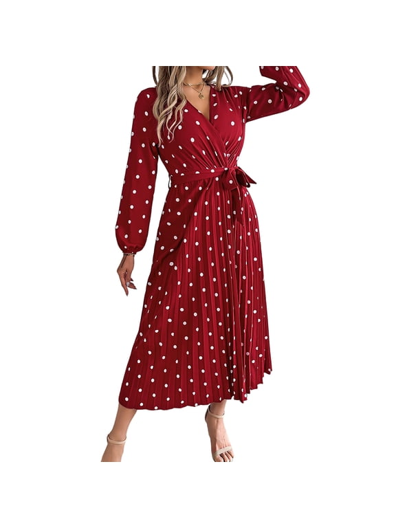 Women's Long Sleeve Dress V-Neck Polka Dot Dress with Tie Waist Long Pleated Dress for Office Parties Date