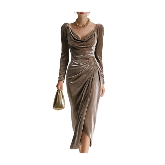 Quixlent Women's Long Sleeve Velvet Evening Party Dress Cowl Neck Ruched Slit Bodycon Dress Midi Wedding Guest Dress