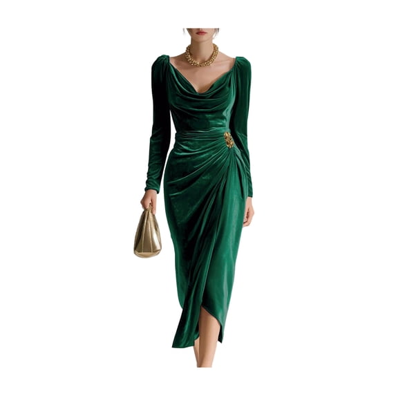 Quixlent Women's Long Sleeve Velvet Evening Party Dress Cowl Neck Ruched Slit Bodycon Dress Midi Wedding Guest Dress